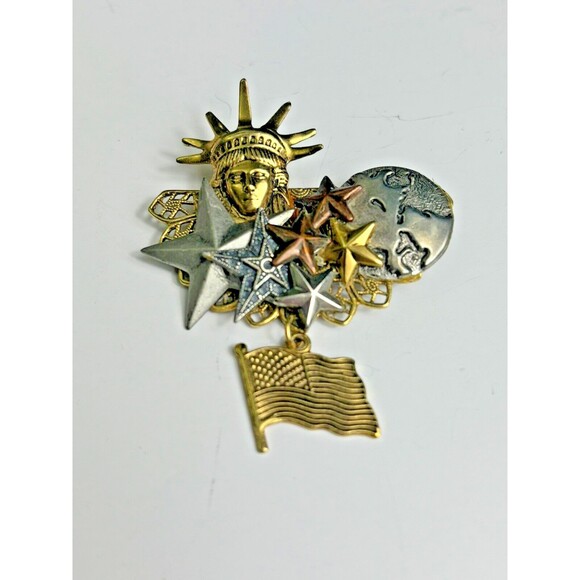 Statue of Liberty Tri-Color Brooch – 2 Inches, Stars & Flag, Copper, Silver, Bro - Picture 3 of 5